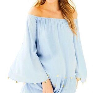 Lilly Pulitzer Delaney Light Blue Off-Shoulder Dress with Gold Details - Small